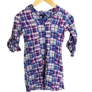 Tommy Hilfiger Plaid Shirt Girls Size 8 Blue Pink Excellent Roll Tab Sleeve